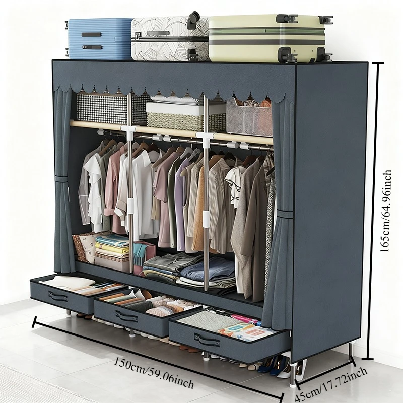 

Тканевый шкаф-купе - металлические трубки 16 мм, утолщенный пылезащитный чехол, 3 кубика для хранения, 3 подвесных стержня, 3 ящика, подходит для квартиры