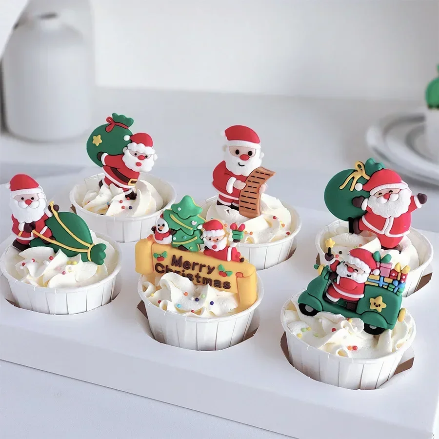 2024 New Resin Christmas Party Cake Topper Santa Claus Gift Bag Kids Merry ChristmasCupcake Topper Xmas Gifts Dessert Decoration