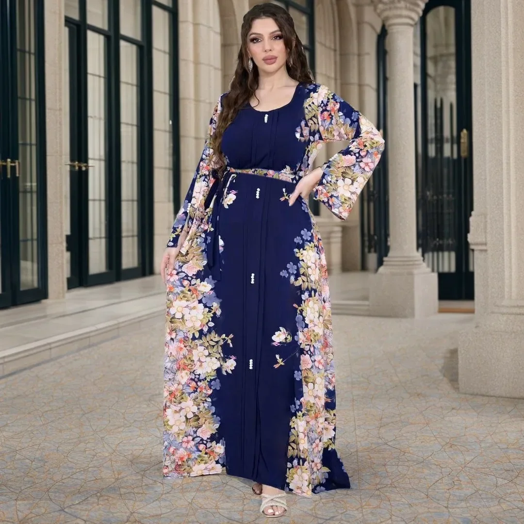 Pearls Retro Floral Printed Dress with Belt Muslim Women Abaya Fashion Round Neck Vestidos Split Sleeves Jalabiya Islam Caftan