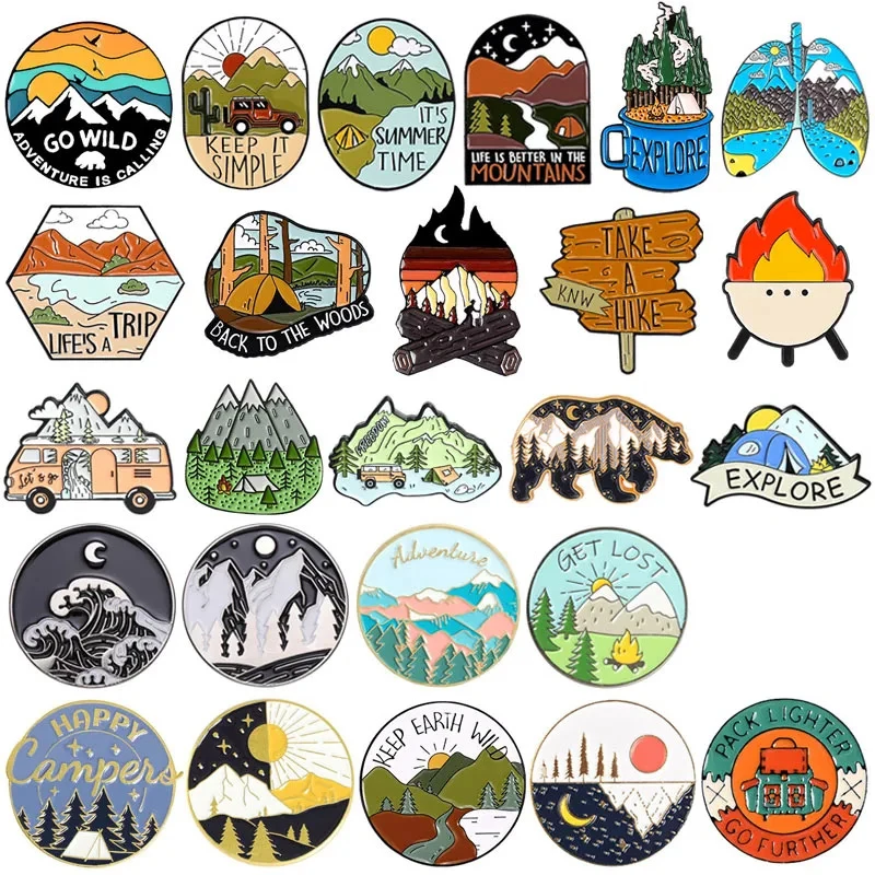 Outdoor Adventure Enamel Pins Scenic Mountain Camping Flame Wilderness Desert Brooches Lapel Badge Jewelry Gifts For Friends