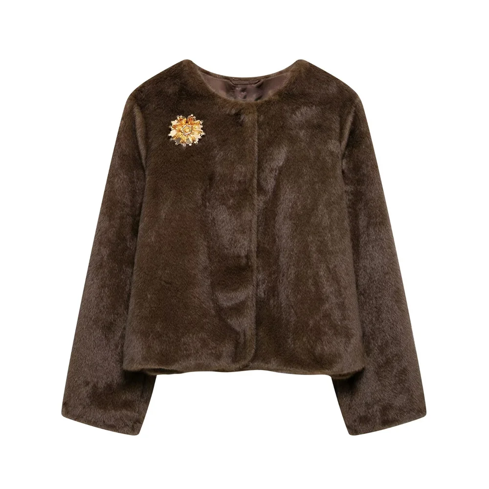 

Women's New Product Brooch with Artificial Fur Effect Round Neck Long Sleeve Solid Color Warm Jacket Coat