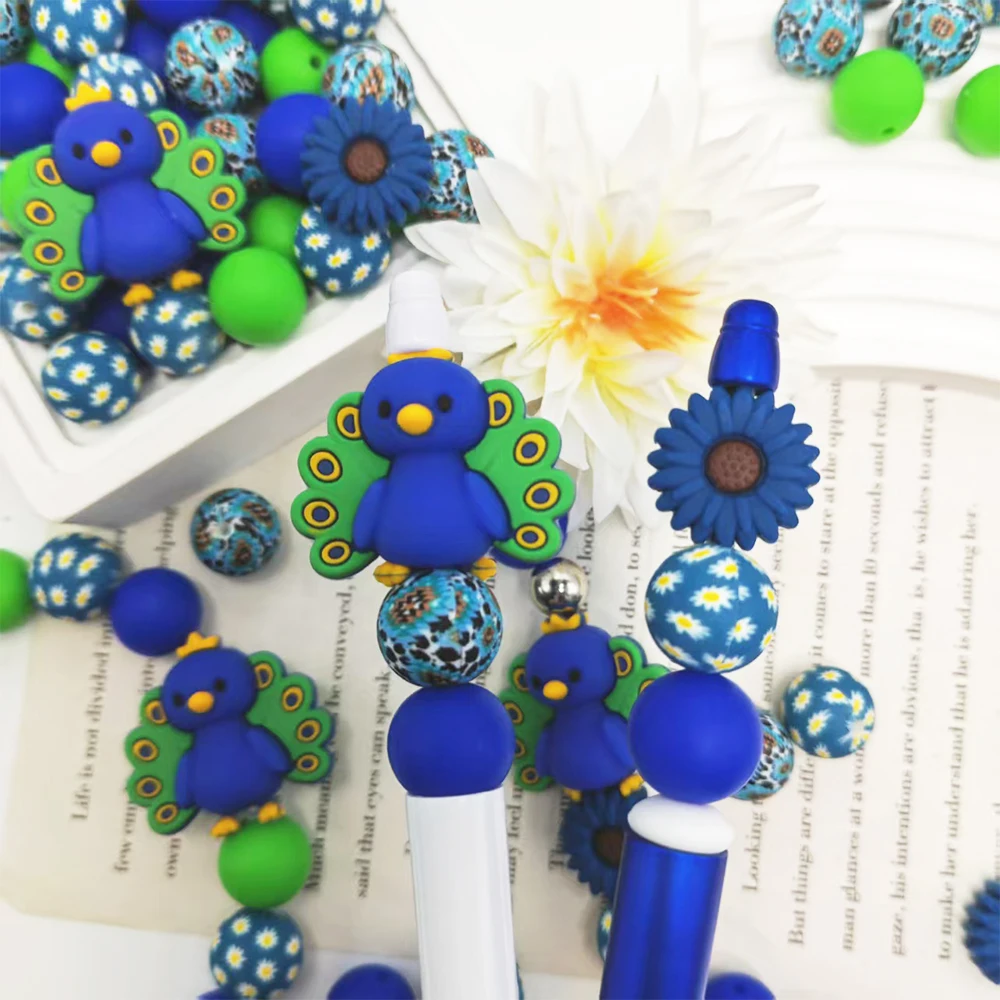34Pcs Peacock Daisy Silicone Beads Set DIY Beaded Necklace Bracelet Decoration Pen Jewelry Pendant Etc. Holiday Birthday Gift