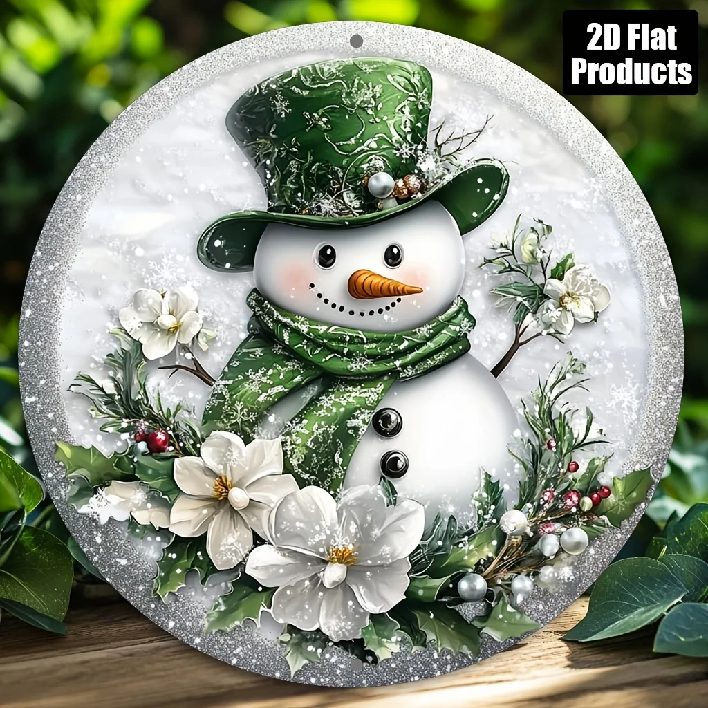 1pc Vintage Snowman Round Metal Wall Sign, Decor with Green Hat and Scarf, Perfect for Home, Office, Cafe and Christmas Gift