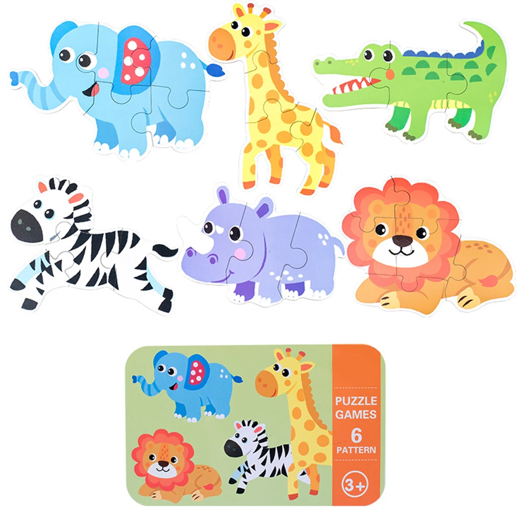 Children Toys 6-in-1 Box Puzzle Jigsaw Wooden Toys Cartoon Animals Puzzles Kids Educational Toy