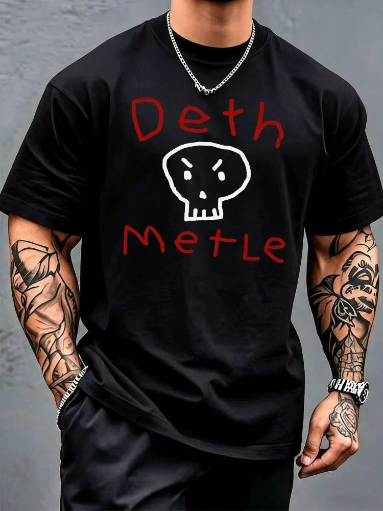 Men Deth Metle Doodle Skull Graphic Crew Neck Short Sleeve Rock Music Streetwear Casual Male Summer Soft Loose Basic Tee Tops