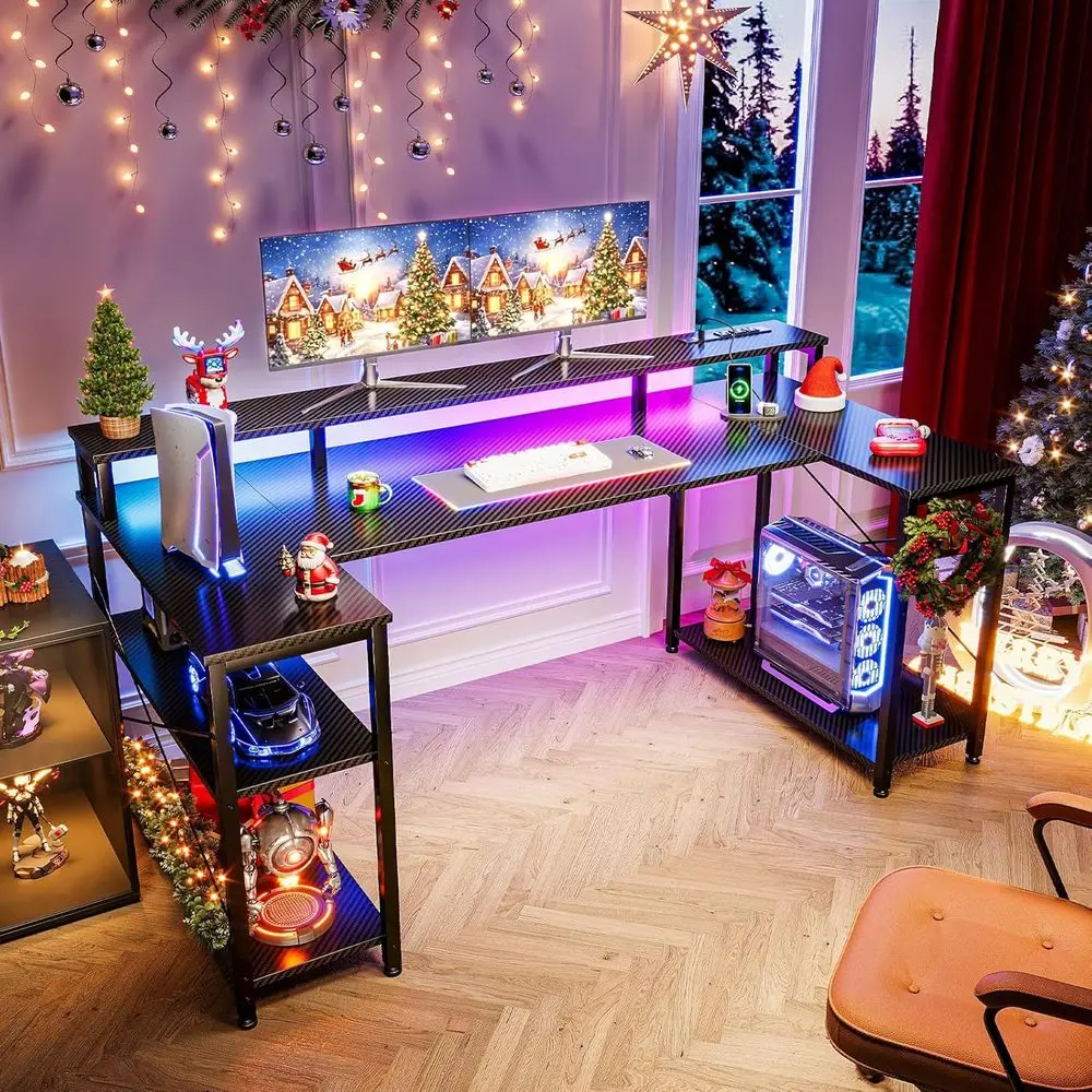 مكتب ألعاب من ألياف الكربون على شكل حرف U، 55 مصباح LED مع مخرج طاقة، وحامل شاشة للتخزين لألعاب الكمبيوتر أو المكتب المنزلي #4