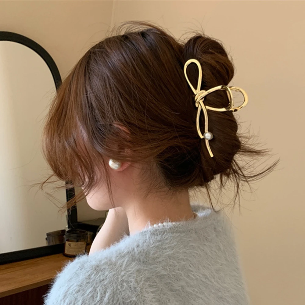 2024 Retro verano nota de Metal pinzas para el cabello con perlas lazo de moda pinza para el cabello Clip de tiburón accesorios para el cabello