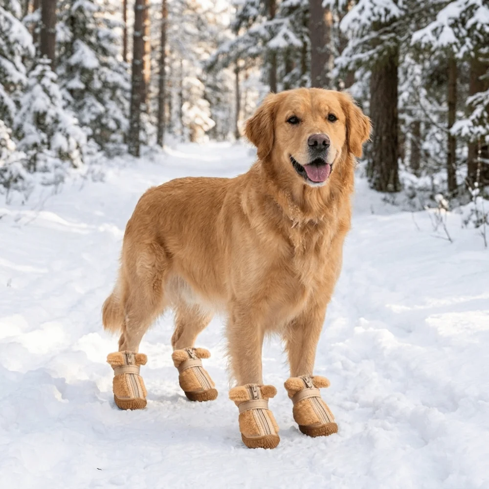 4 PCS/SET Plush Lined Winter Dog Snow Boots Thickened Comfortable Anti-Slip Dog Shoes Soft Bottom Anti-Freezing Dog Cotton Shoes