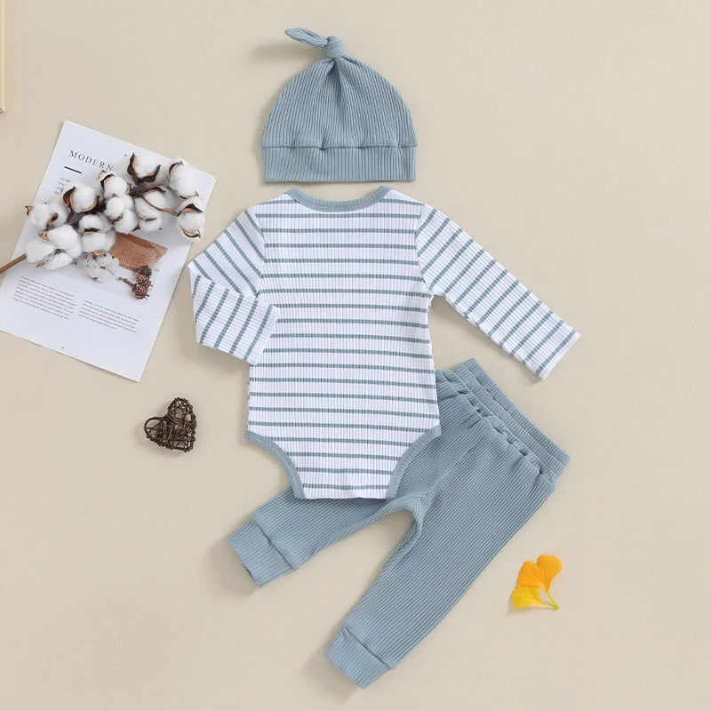 VISgogo 3Pcs Baby Boys Girls Spring Fall Clothes Ribbed Long Sleeve Crew Neck Striped Romper with Pants and Hat Clothing Set