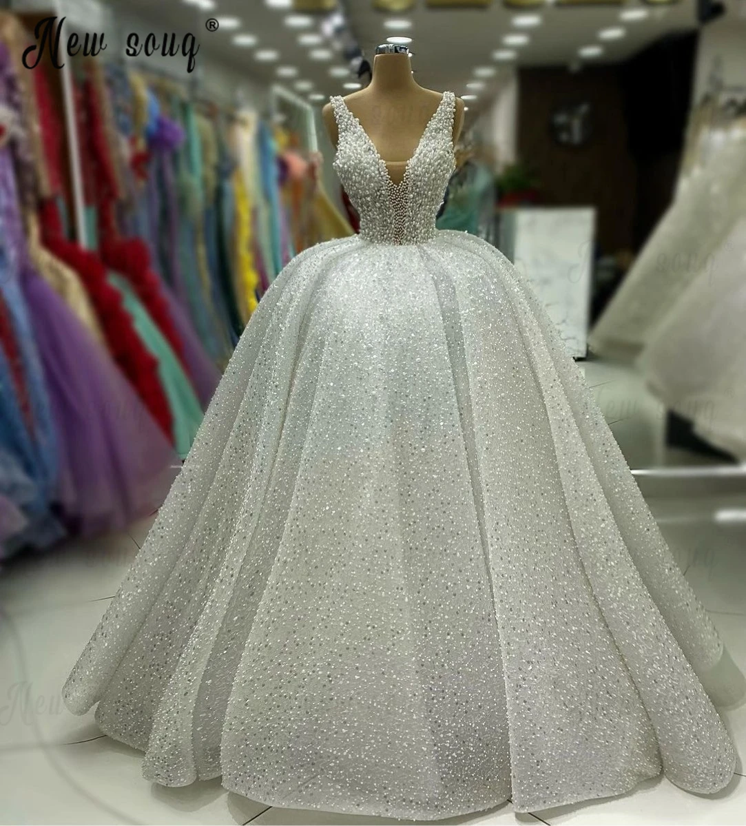 Full Ivory Pearls Wedding Dress Deep V Neck Ball Gown Bridal Dresses Dubai Custom 2024 Vestido De Casamento Plus Size