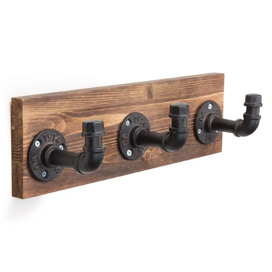 

Burnt Wood Wall Mount Coat Hook Rack and Hat Rack with 3 Hooks Pipe Fixture Design