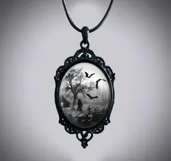 Gothic Bat Cemetery Charm Necklace For Women Man Fashion Witch Jewelry Accessories Gift Cemetery Glass Pendant Rope Chain Choker