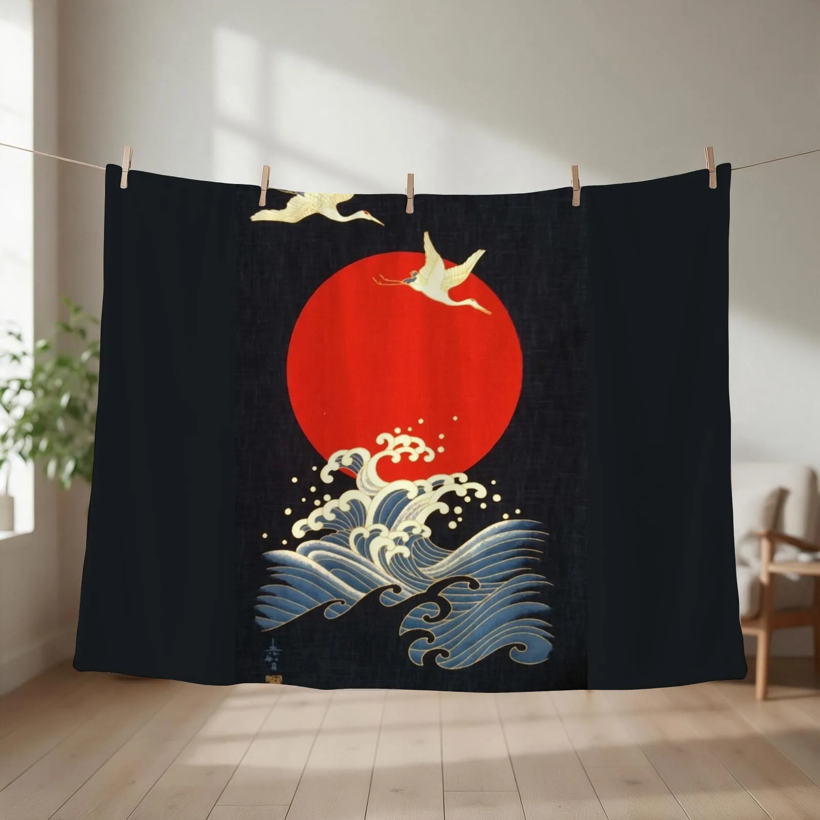 RED SUN ,FLYING CRANES AND SEA WAVES IN BLACK Throw Blanket Luxury Designer blankets ands Nap Luxury Brand Blankets