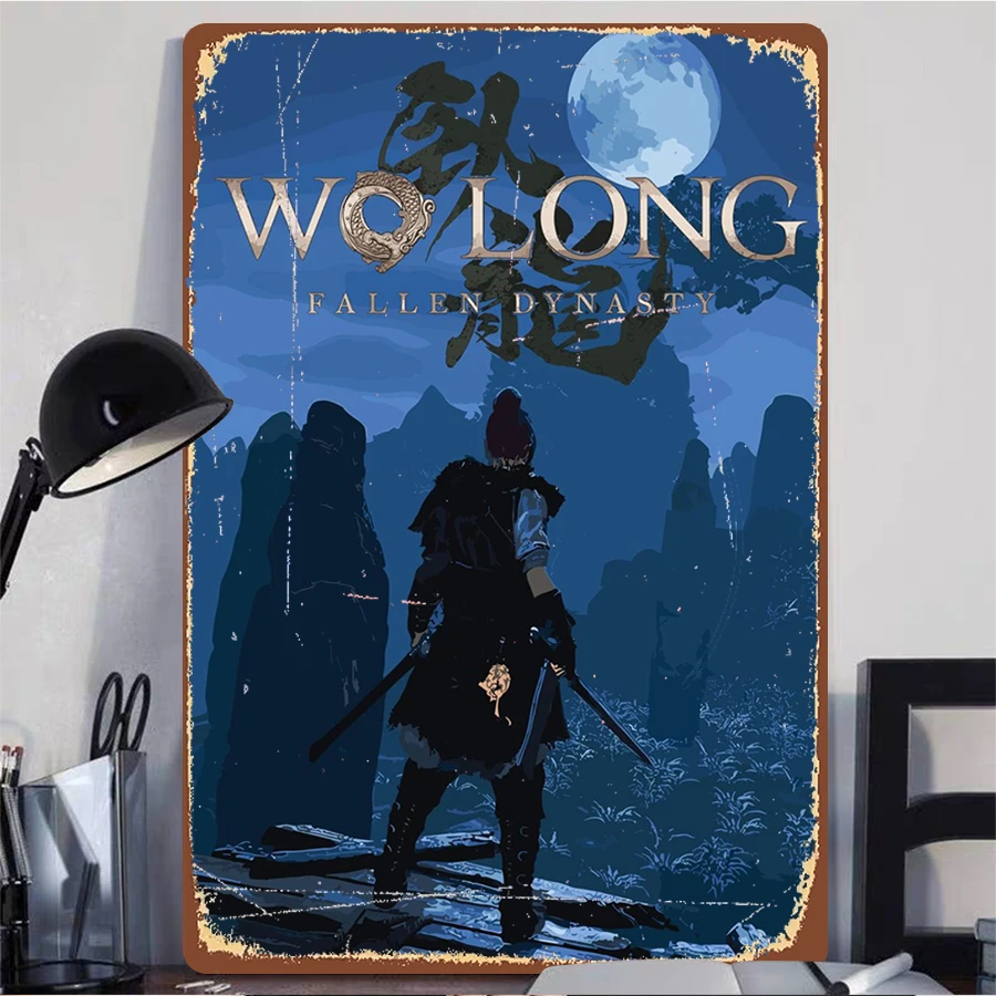 Wolong Fallen Dynasty Poster Samurai Warrior Moonlight Landscape Metal Wall Art Decor for Game Room Home Decoration