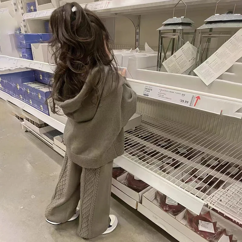 

Girls' Suit Autumn and Winter Girls' Casual Sweater Set Children's Hooded Knitted Jacket Two-piece Set