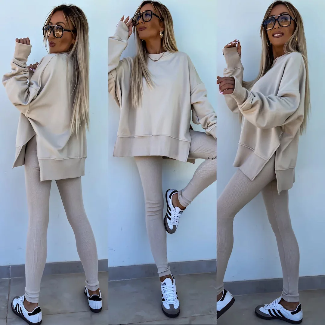 

Spring Autumn Women's Casual Tracksuits Round Neck Loose Long Sleeved And Tight Pants Two Piece Sets