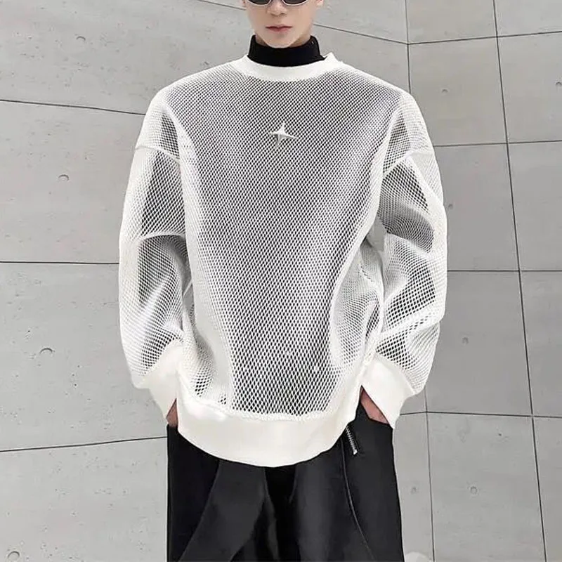 Fashion Korean Clothes Spring Hollow Out Ice Silk Fabric Men's Wear Sheer Out Streetwear Round Neck Long Sleeve T-shirt XJ160