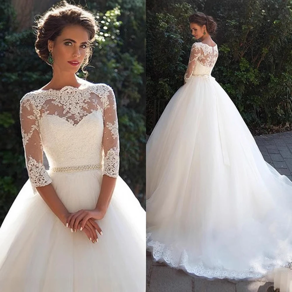 

Customized A Line Women Wedding Dresses Tulle Pearls Appliques Bridal Gowns Formal robe de mariée