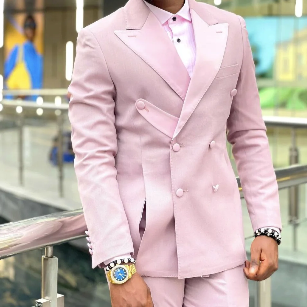 

New Arrival Men Suits Latest Design Pink Male Suit Peak Lapel Double Breasted Fashion Blazer Wedding Prom Party Casual Tuxedo