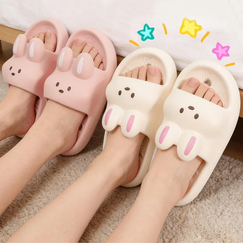 Cute Rabbit Slippers EVA Soft Bathroom Slides 3D Cartoon Bunny Design Anti Slip Drainage Quick Dry Lightweight House Use Slipper