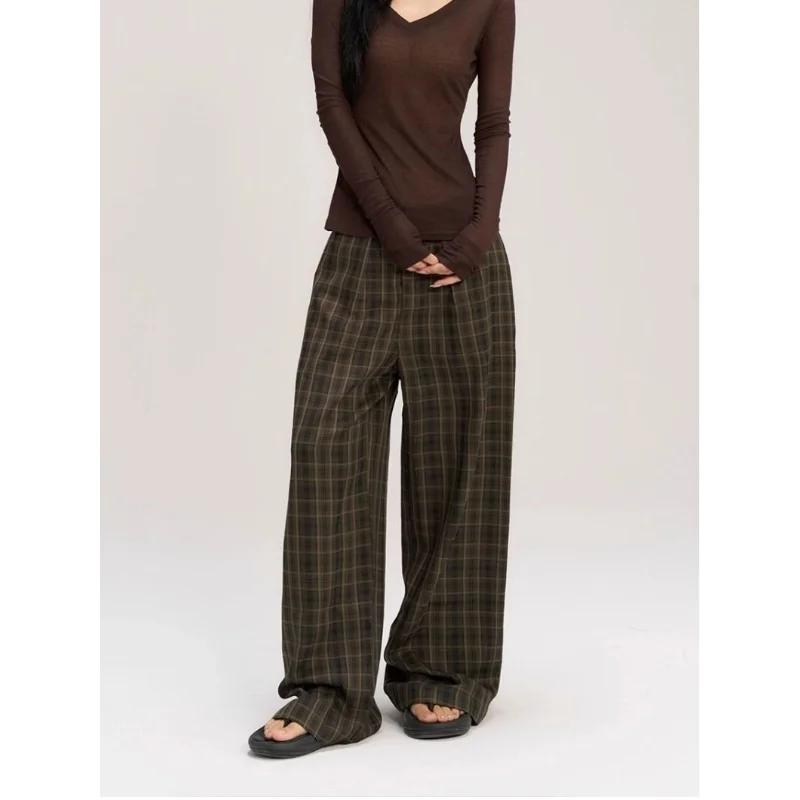 Lazy Retro Casual Pants Plaid Wide-leg Loose High Waist Straight-leg Casual Floor-mopping New Trousers