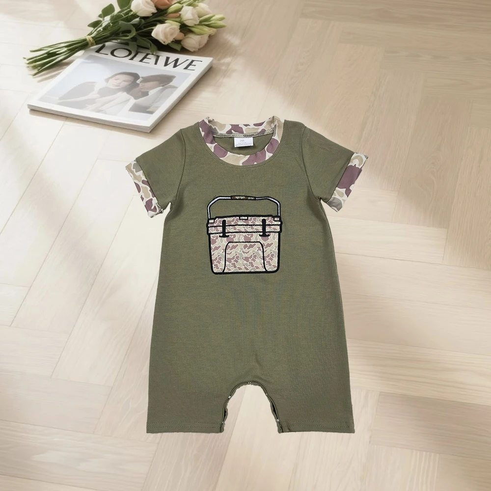 

Embroidery Camo Boxes Baby Boys Olive Short Sleeve Hunting Rompers