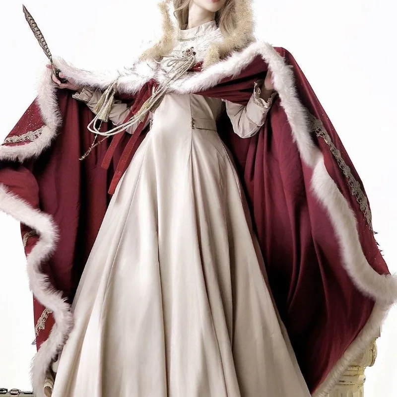 Women Royal Medieval Costume Set Faux Fur Trim Long Cape + Maxi Dress Lace Embroidery Vintage Court Outfit Christmas Party