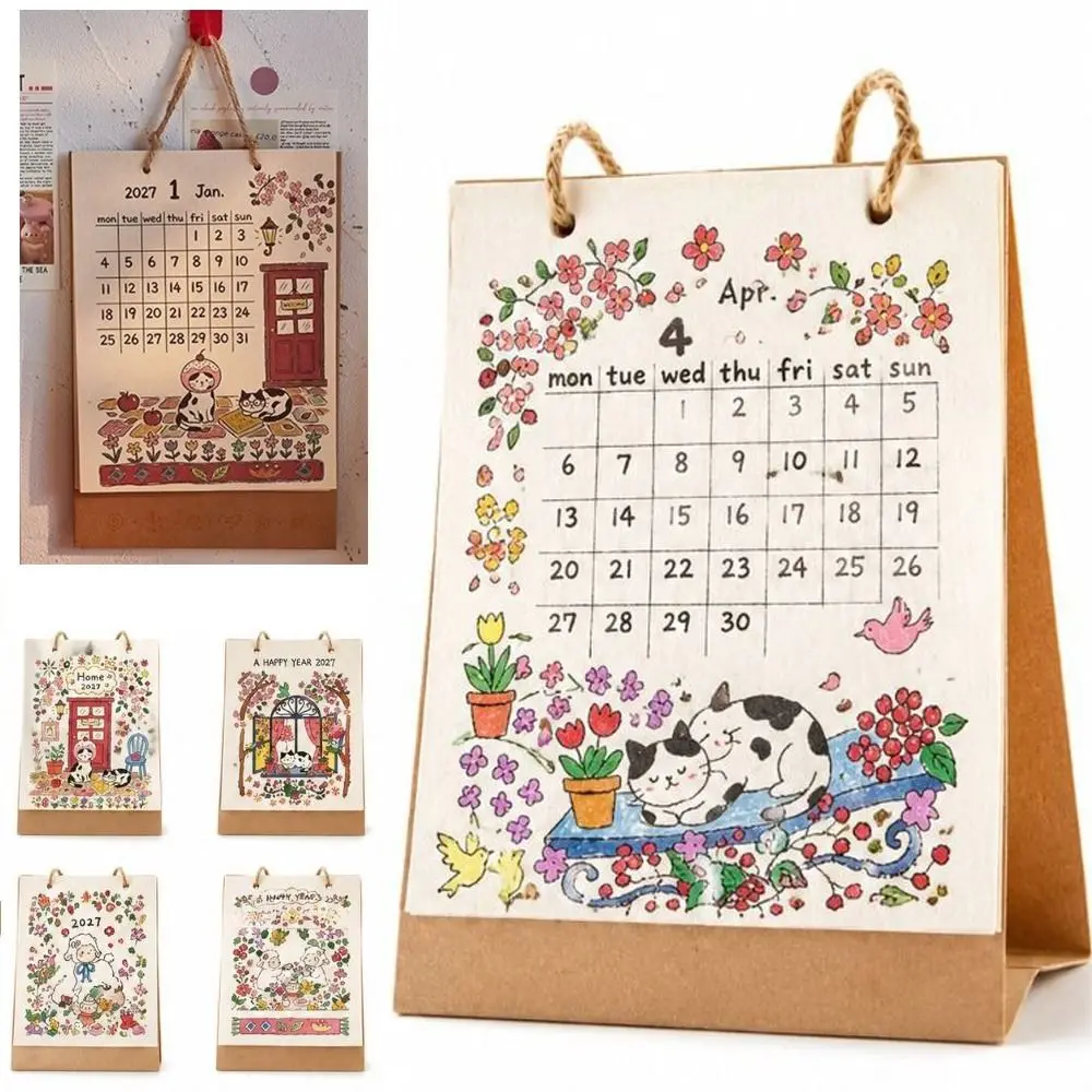 New Hand Painted Style 2027 Desk Calendar Floral Illustration Lamb Pattern Sheep Year Calendar Standing Flip Calendar Desk Decor
