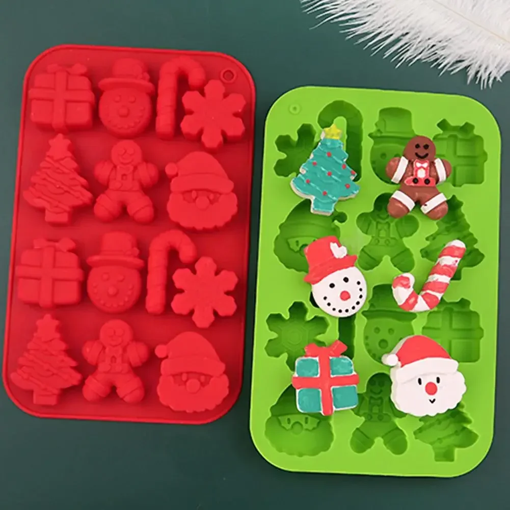 20.3*12.7cm Christmas Silicone Mold 14 Cavities Santa Snowman Tree Cane Gift Box DIY Fondant Chocolate Biscuit Jelly Baking Mold
