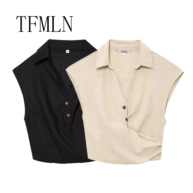 

TFMLN Women's New Fashion Asymmetrical Tops Pleated T-shirt Top Retro Sleeveless Women's T-shirt Chic Top