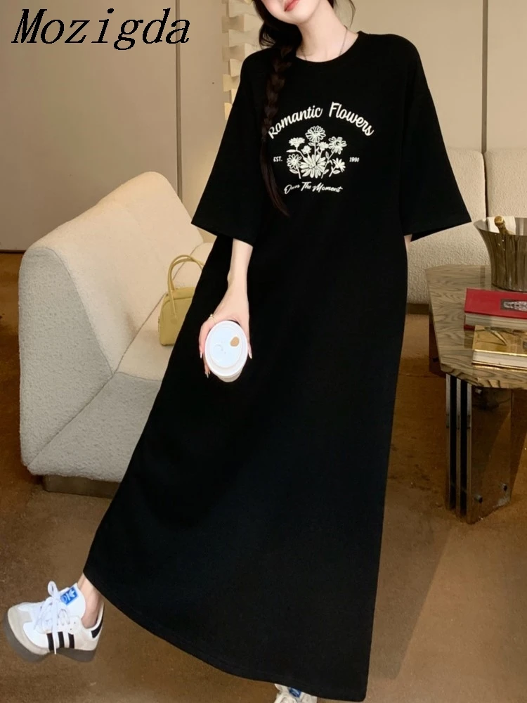 Mozigda Summer Loose Print T Shirt Dress Donna Elegante Vintage Nero Coreano Abito da donna Abiti
