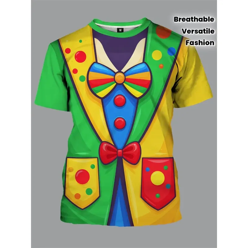 Men T Shirt Short Sleeve Crew Neck 3D Clown Suit Bow Tie Dot Print Halloween Party Casual Costume Tops For Men