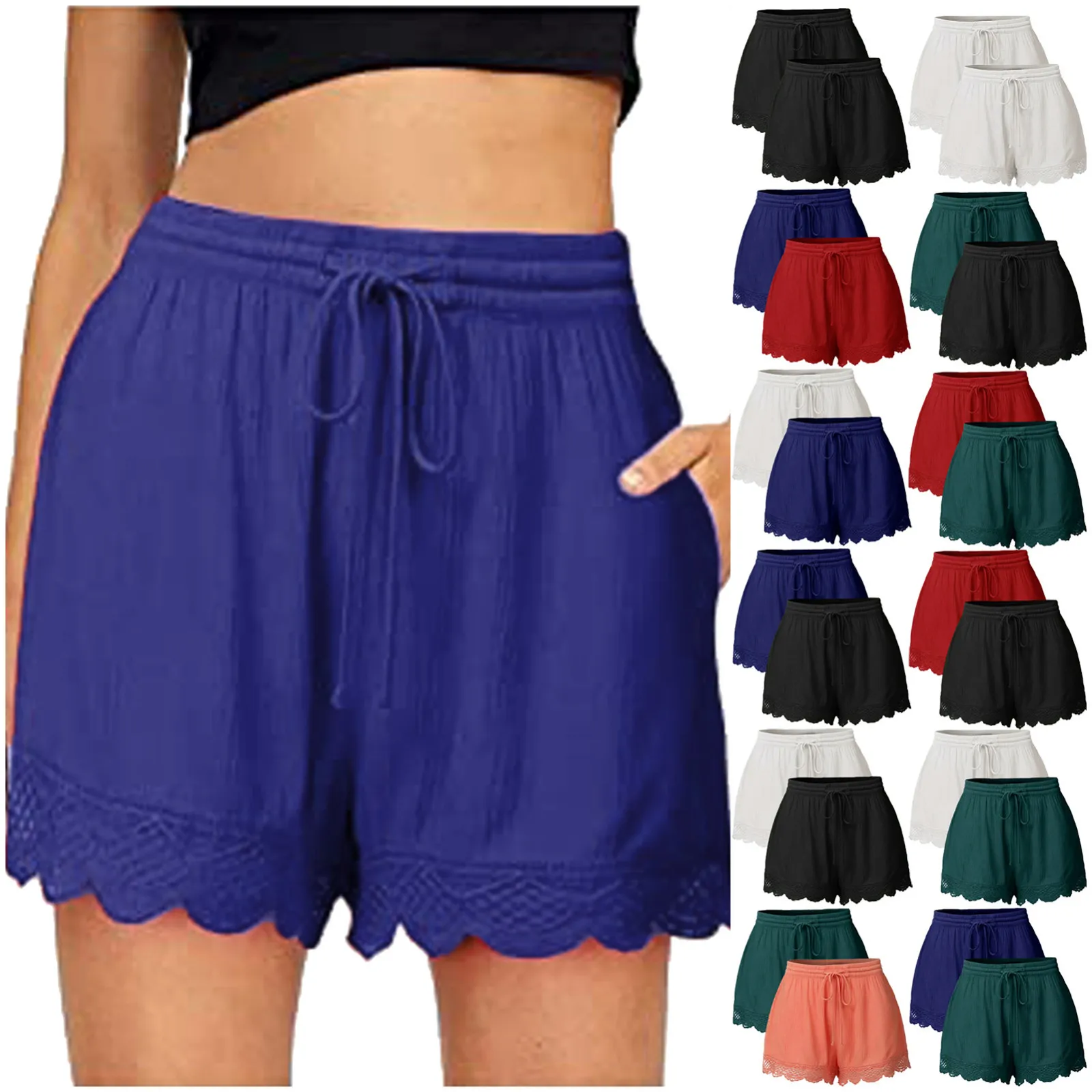 Women'S 2pcs Mix Color Soft Loungewear Drawstring Low Waist Lace Ruffles Loose Short Pants Causal Yoga Physical Sports Shorts