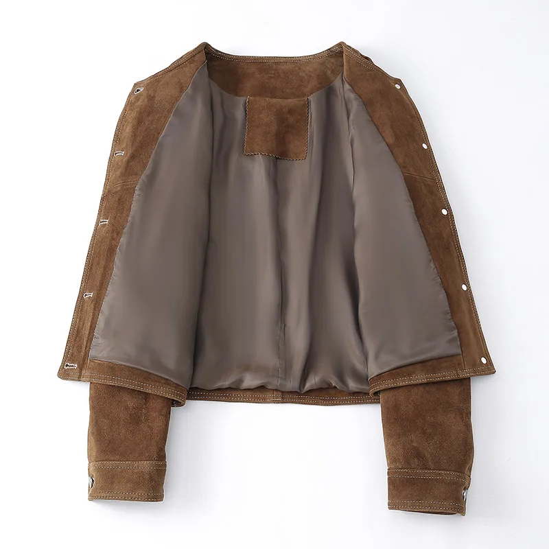 Short Leather Suede Jackets Women Lapel Collar Long Sleeves Button-up Front Buckle Cropped Lady Vintage Female Suede Jacket