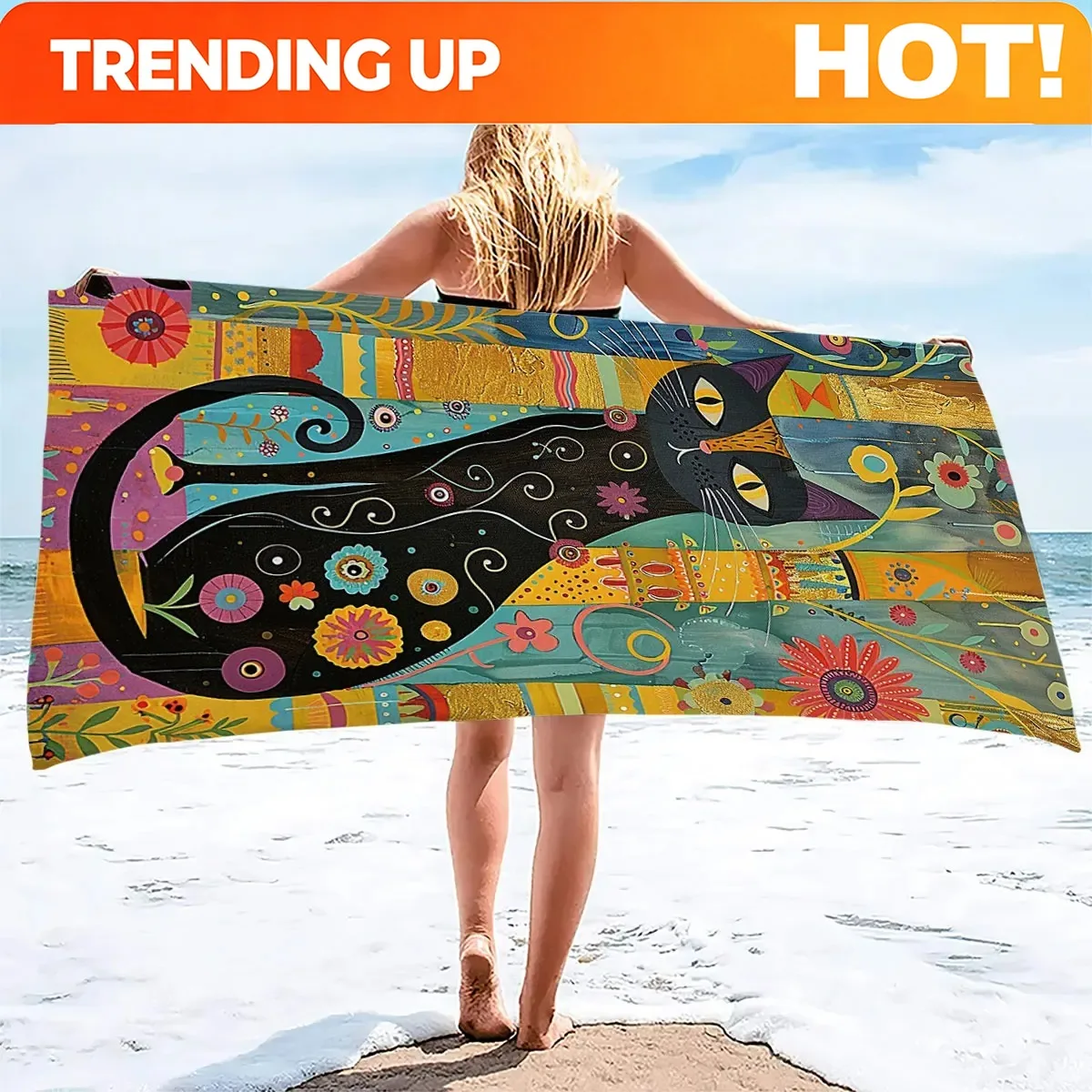 Customize 1PC Colorful Hand-painted Illustration with Cat Pattern Beach Towel, Soft and Absorbent, Beach Accessories, Suitable f