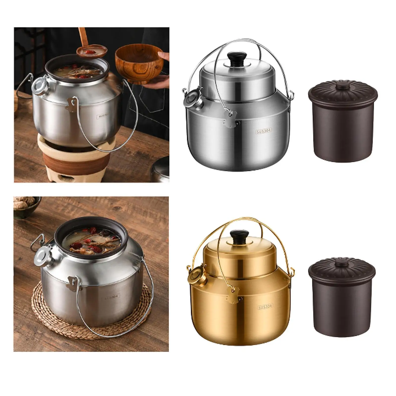 Stew Pot Portable 304 Stainless Steel Multifunctional Health Pot Sauce Pan Simmer Pot Cookware for Outdoor Home Breakfast