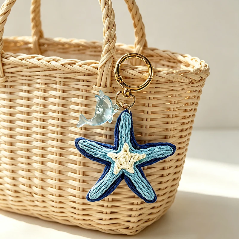 Woven Starfish Beach Bag Charm Pink Raffia Tropical Summer Purse Accessories For Straw Totes And Coastal Cruise Vacation Women