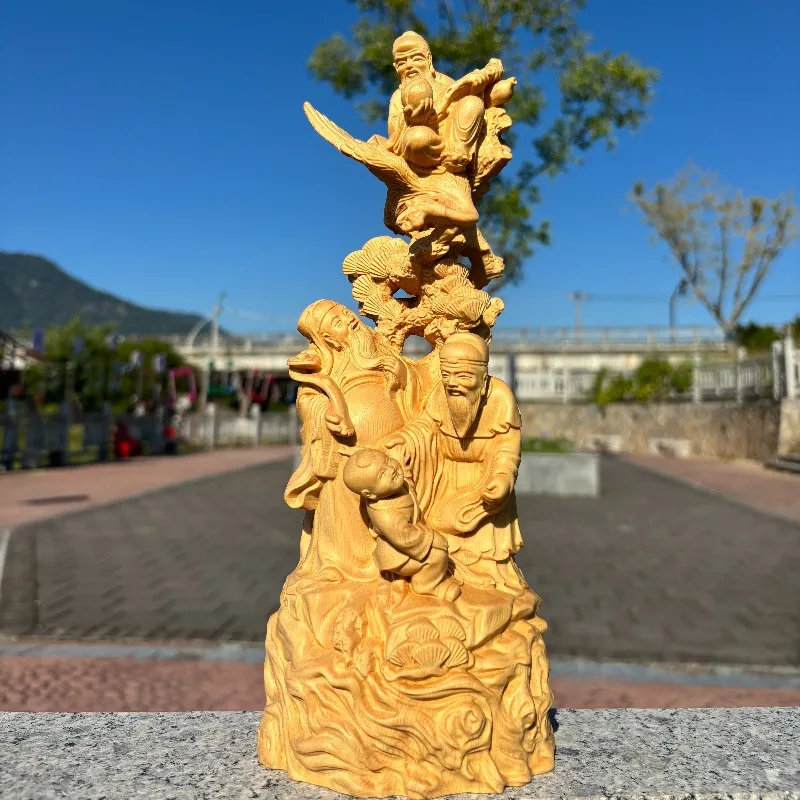 Hand-Carved Hinoki Wood Fuk Luk Sau Statue - 11.8