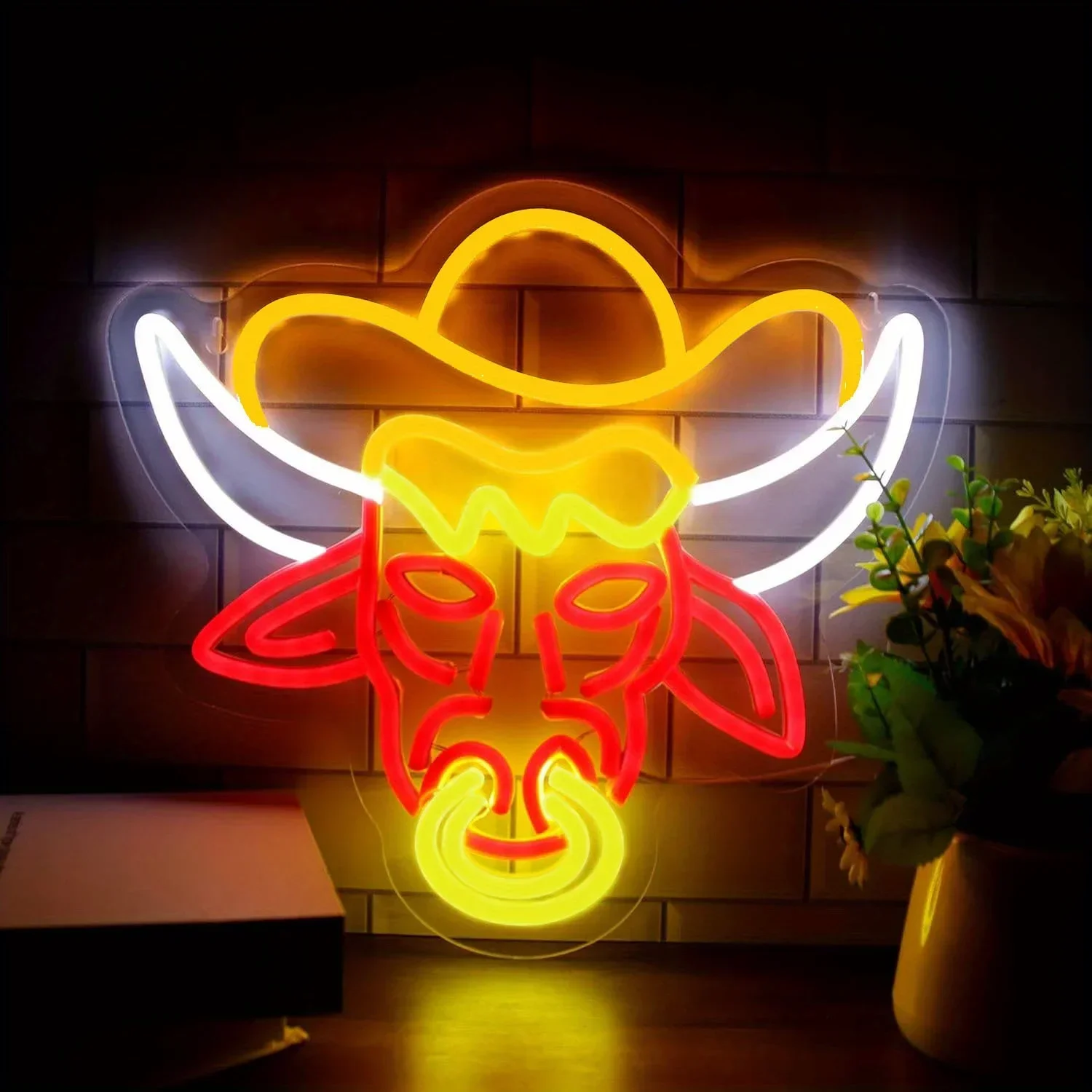 Cowboy Bull Skull Neon Sign Western Cowboy Hat LED Wall Art Multi Color Glow USB Powered Dimmable Acrylic Lamp Bar Decor