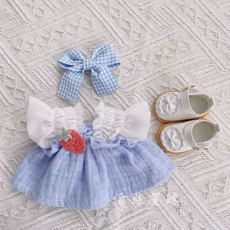 20cm baby clothes in stock, cheap pleated light blue dress, Japanese summer cotton doll clothes, chubby body, can be worn