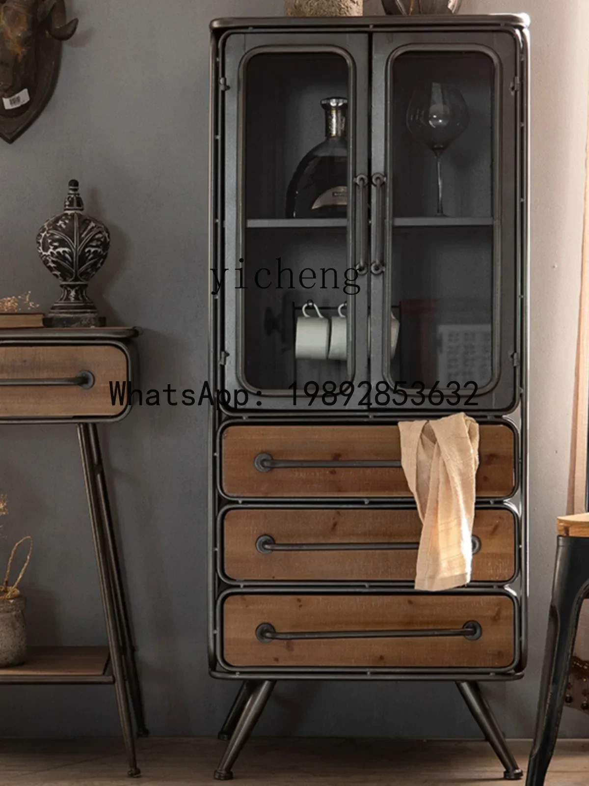 LYY  Iron Vintage Chest of Drawers Distressed Sideboard Dining Room Storage Cabinet Solid Wood Porch Locker