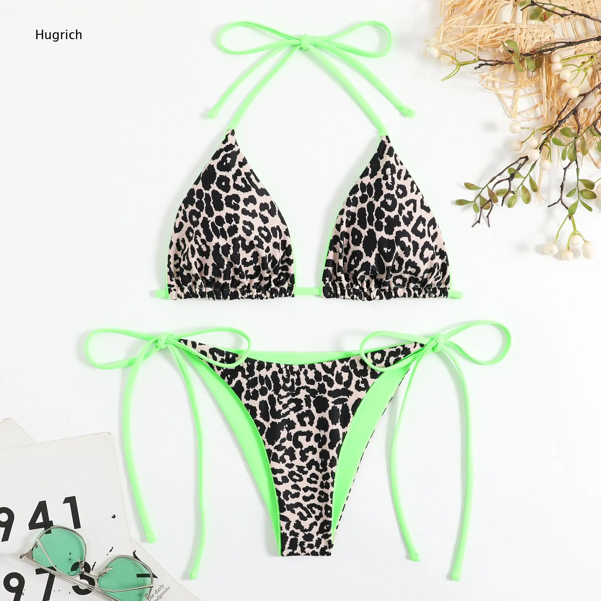 Leopard Print Triangle Bikini Contrast Trim Halter Tie Side Two Piece Swimsuit for Women Beach Pool Summer Swimwear