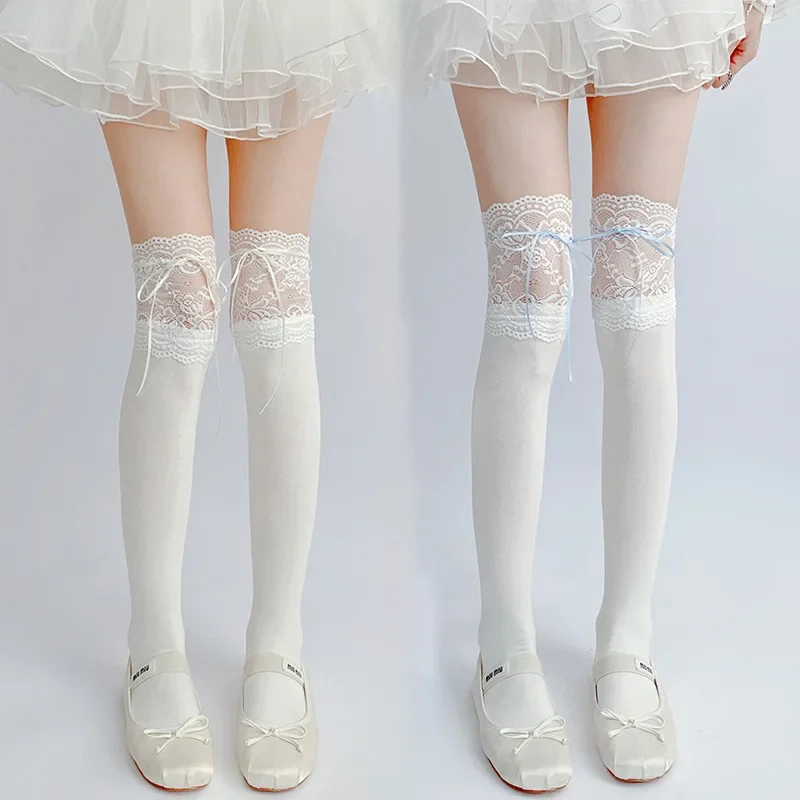 Thigh High Socks Knit Lace Bowknot Autumn and Winter Thick Leg Warmers Stockings White Black Lolita Cute Over the Knee Socks