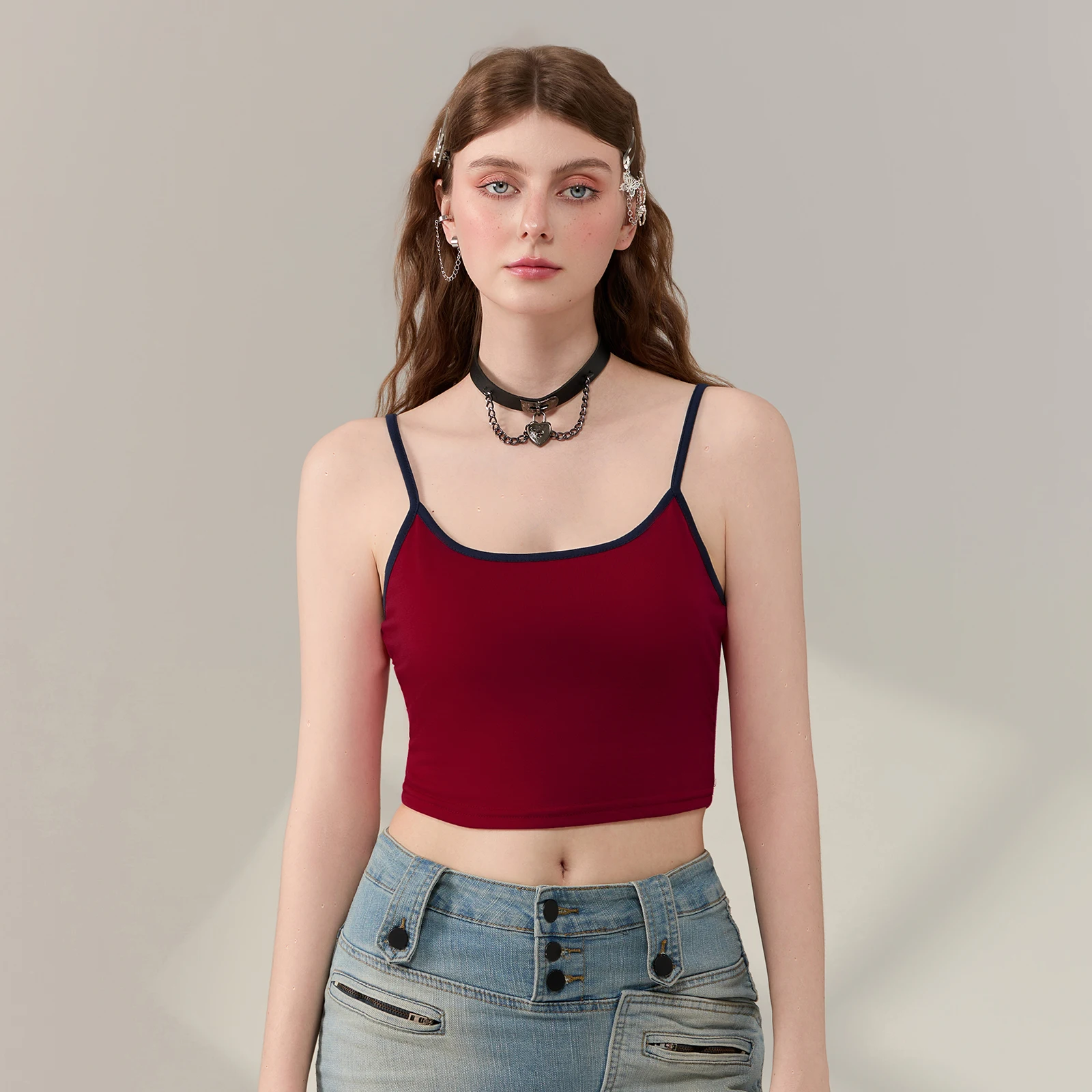 

Women's Summer Solid Color Cute Camisole Contrast Trim Spaghetti Strap Scoop Neck Show Navel Slim Camis Tops