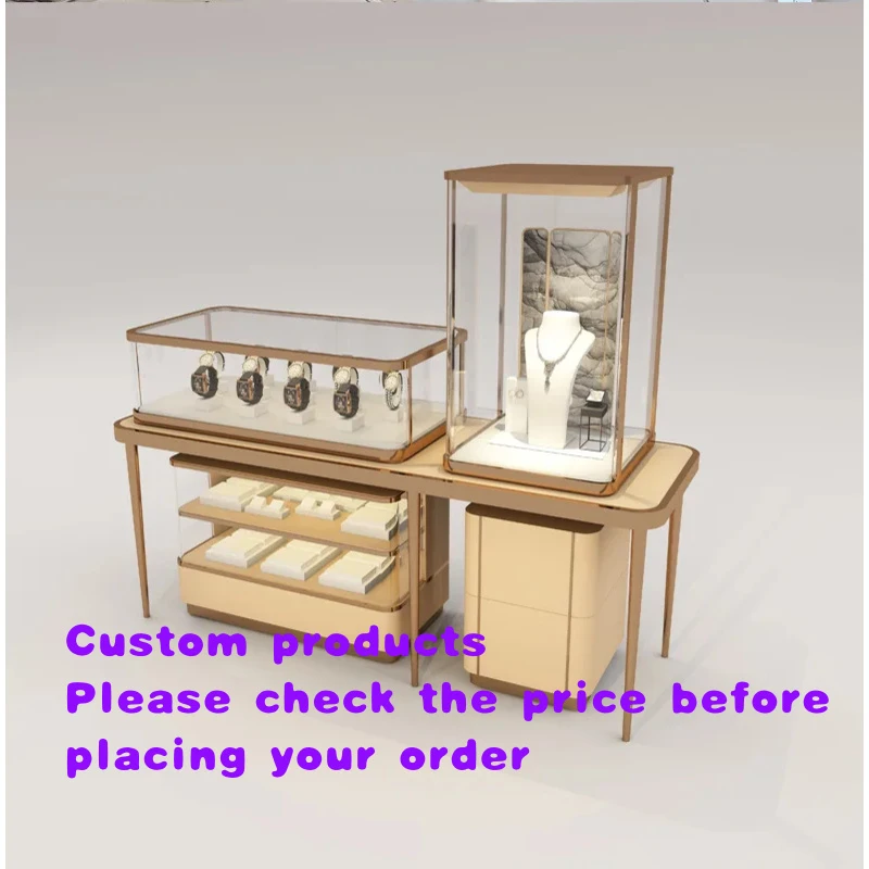custom.Customized high-end jewelry display cabinet with lights, glass and stainless steel jewelry and watch display cabinet suit