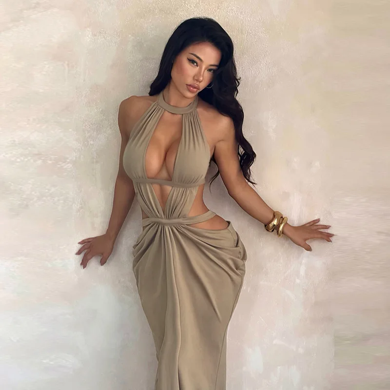 Sexy Neckline Sleeveless Floor-Length Dress Show Figure Slim Fit Backless Trendy Women's Casual V-Neck Gown Spring Summer Autumn view 4
