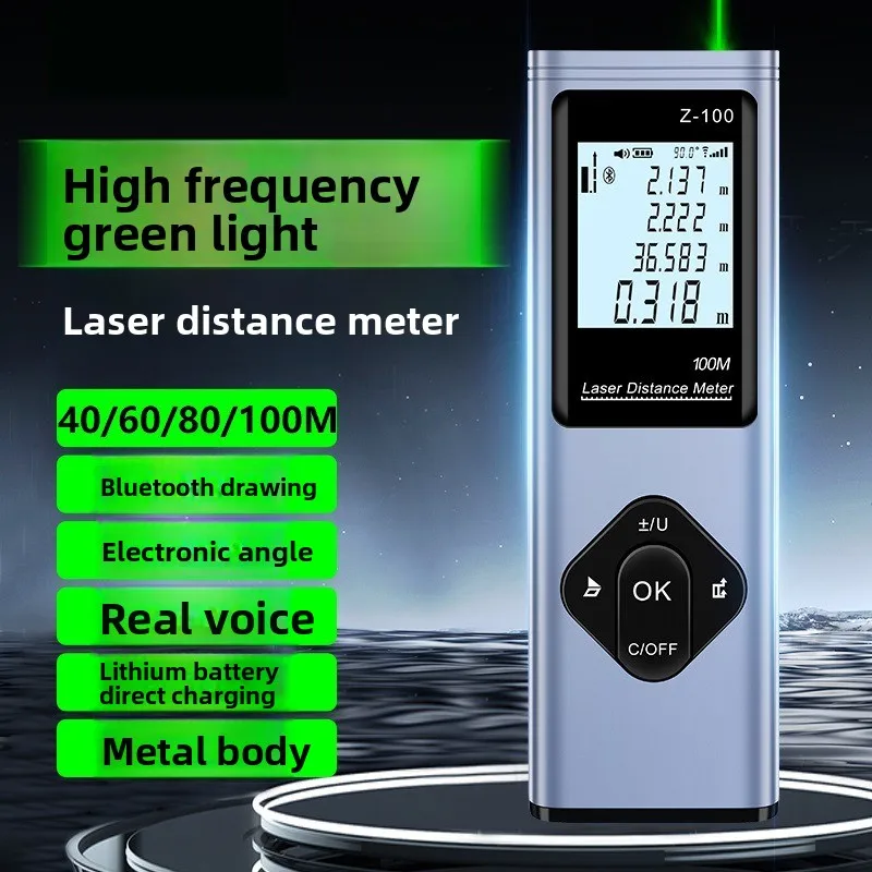 Green Beam Laser Distance Meter, 100M High Precision Laser Measure Tool with Bluetooth, Voice Broadcast and Electronic Angle