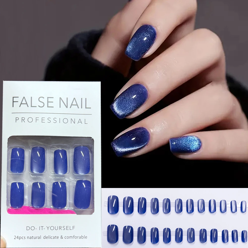 24Pcs Purple Cat's Eye Fake Nail Tips Simple Glitter Wearable Press on Nails Glossy Cat Eye Full Cover Acrylic False Nails+TOOLS