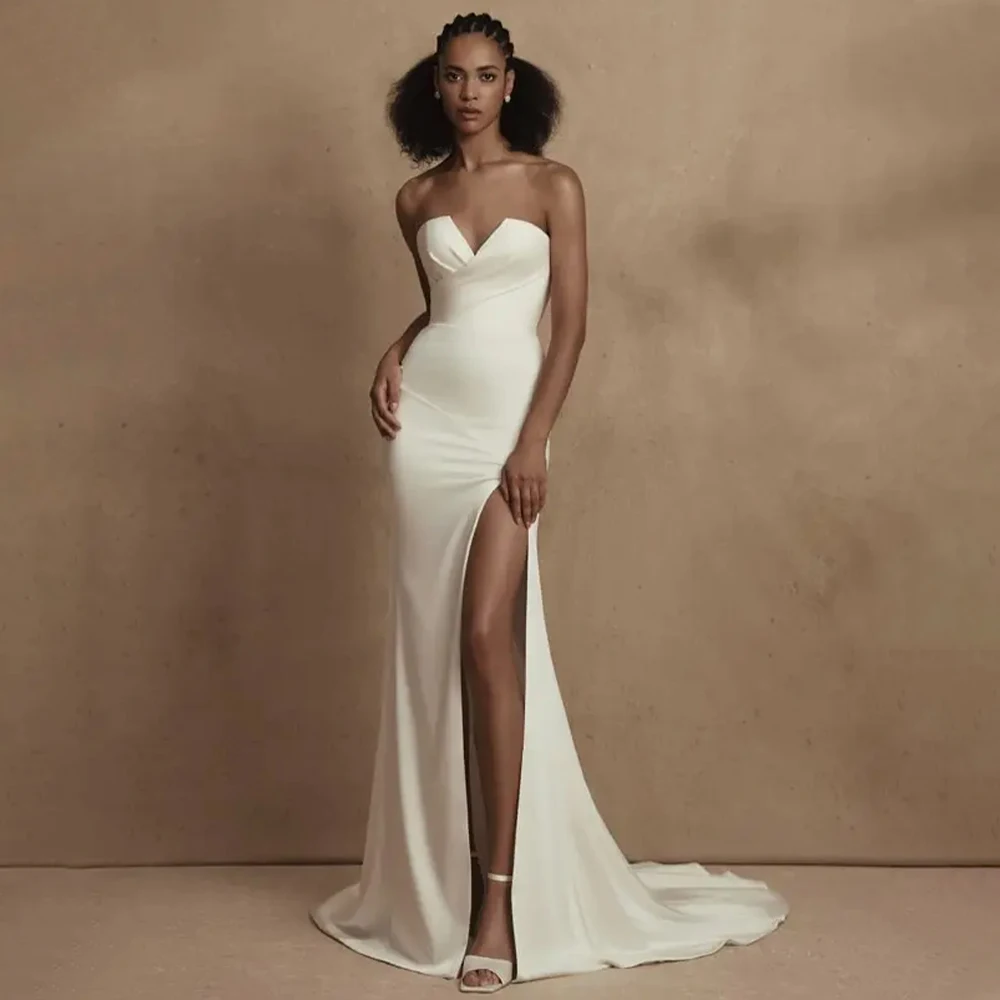 

Simple Wedding Dresses for Women 2023 Bride V Neck Mermaid Wedding Gown Long Side Slit Sleeveless Backless Strapless Bridal Gown