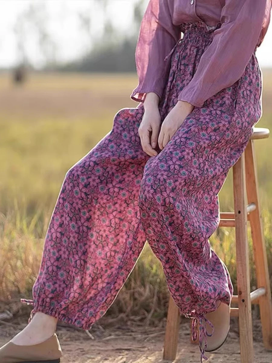 

Loose Cotton Linen Women's Floral Lantern Pants Large Size Drawstring Nine Points Harem Pants Ladies Commute Style Spring Autumn